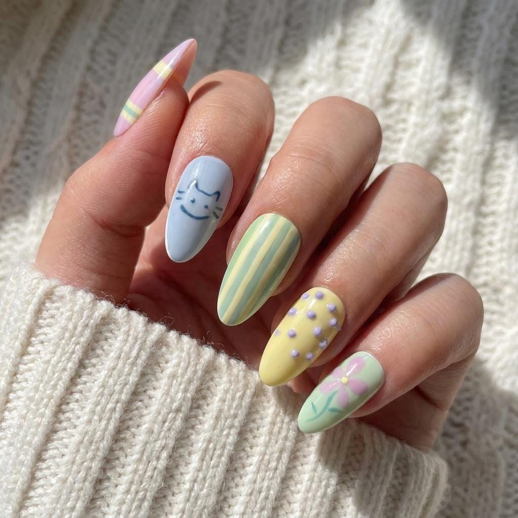 Pastel Cat, Flower, Stripe & Raised Dot Nail Set