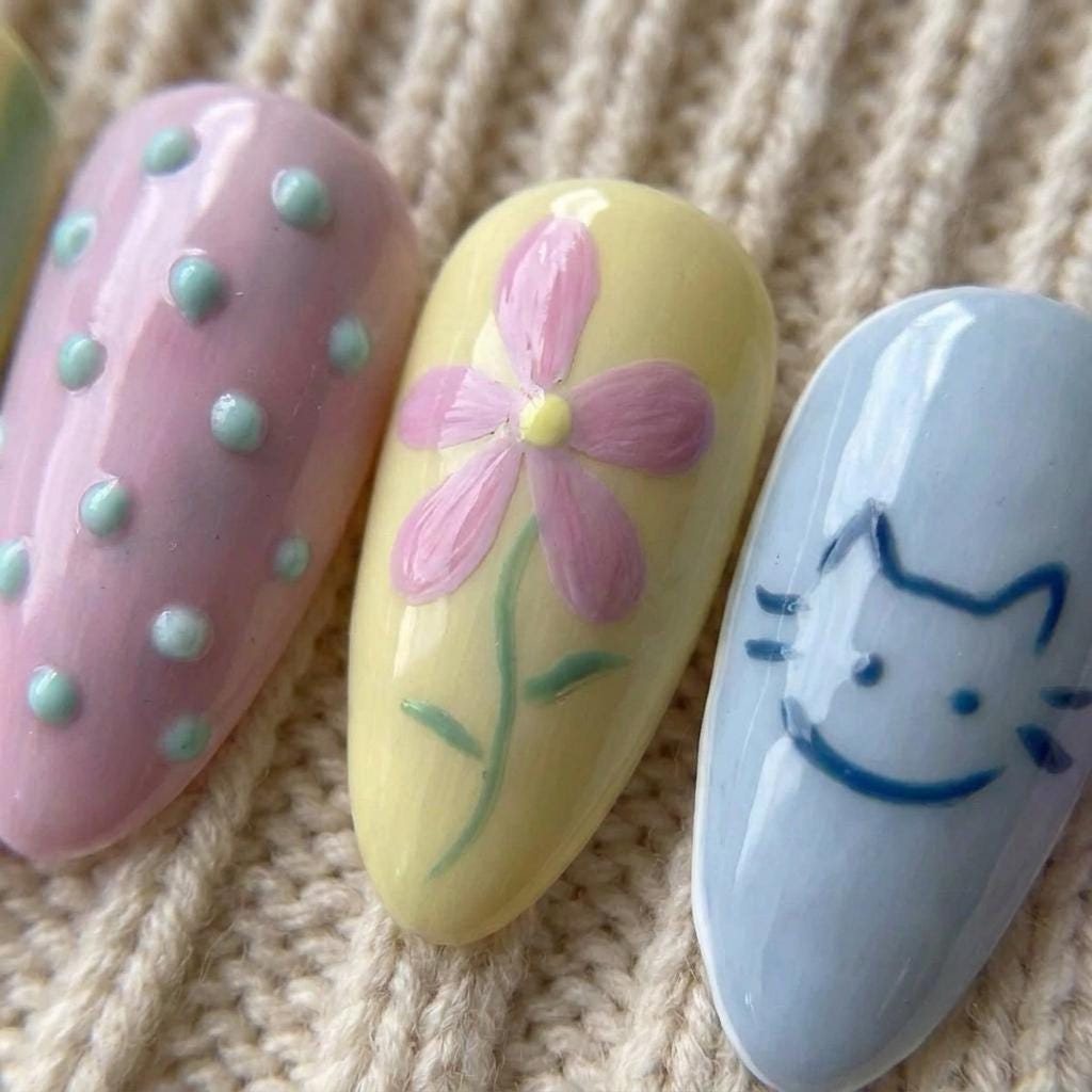 Pastel Cat, Flower, Stripe & Raised Dot Nail Set
