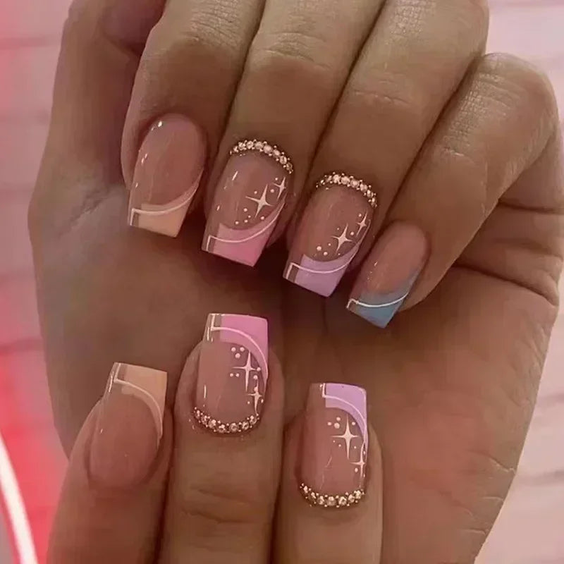 Pastel Celestial French Tip Nail Set With Starry Line Art