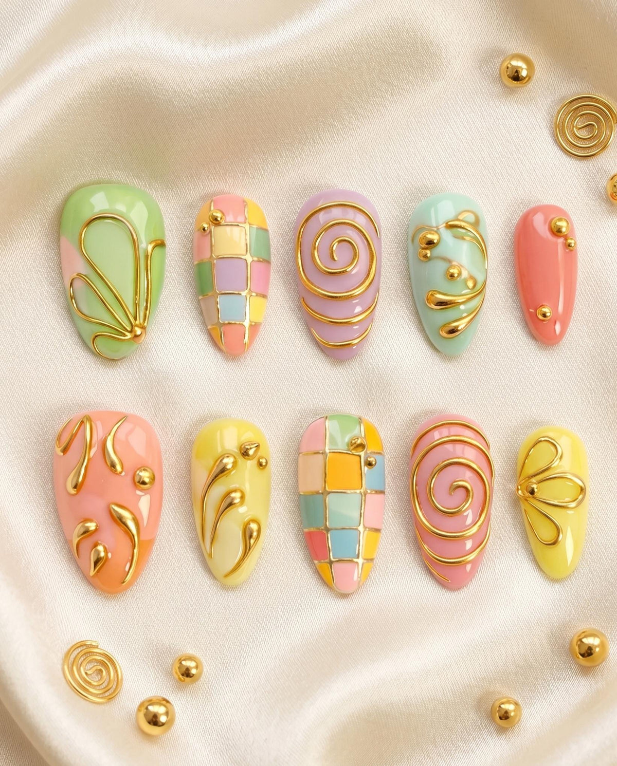 Pastel Checkerboard Press-On Nails With Raised Gold Swirls, Summer Nail Set