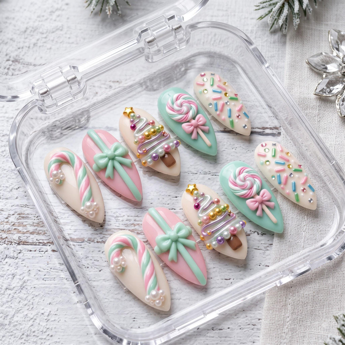 Pastel Christmas Candy Cane, Lollipop, and Tree Nail Set