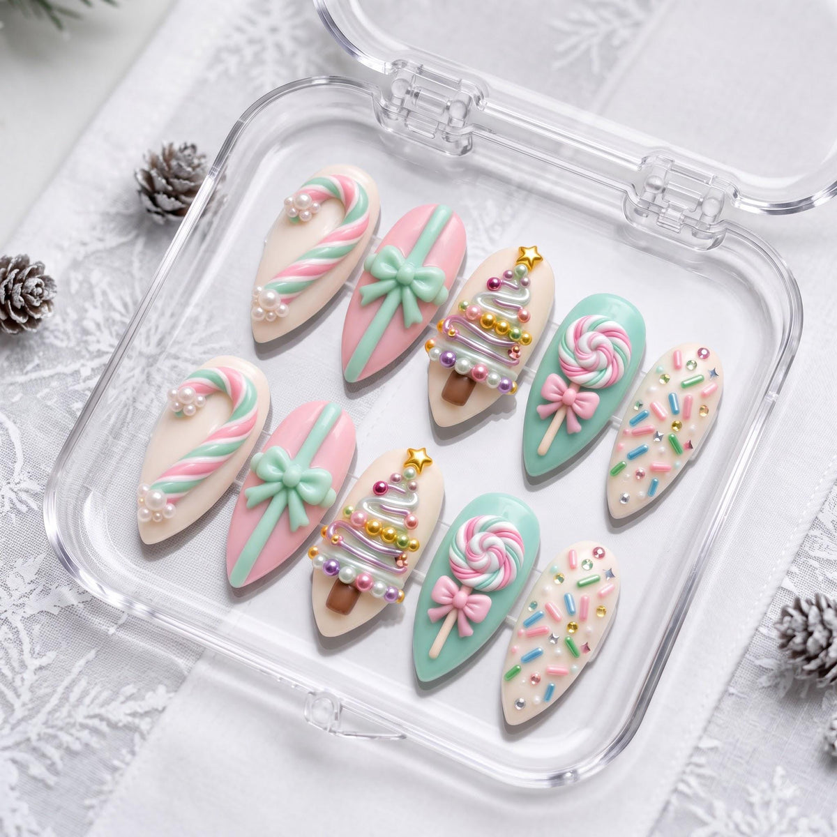 Pastel Christmas Candy Cane, Lollipop, and Tree Nail Set