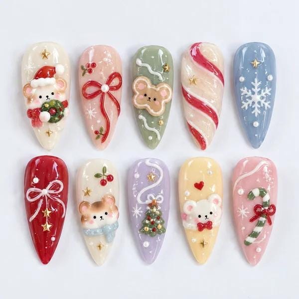 Pastel Christmas Mouse Nail Set With Candy Canes, Bows, Snowflakes and 3D Details