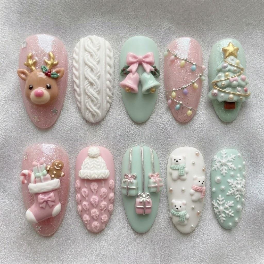 Pastel Christmas Nails With 3D Reindeer, Snowmen, Bows and Knit Details
