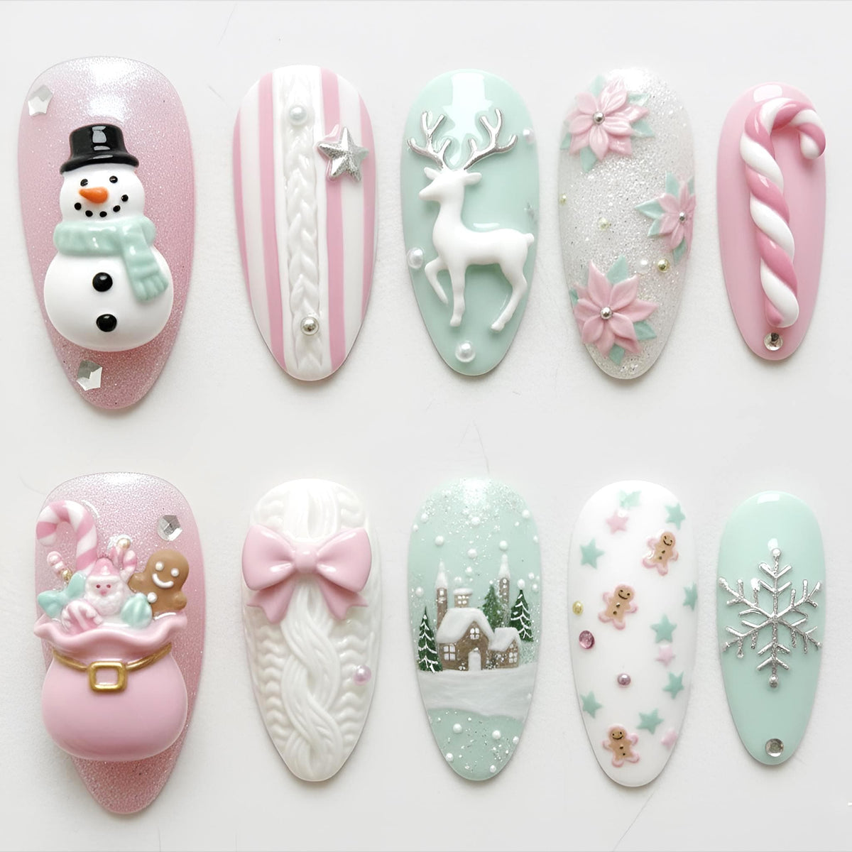 Pastel Christmas Nails with 3D Snowman, Reindeer, Bows and Winter Details