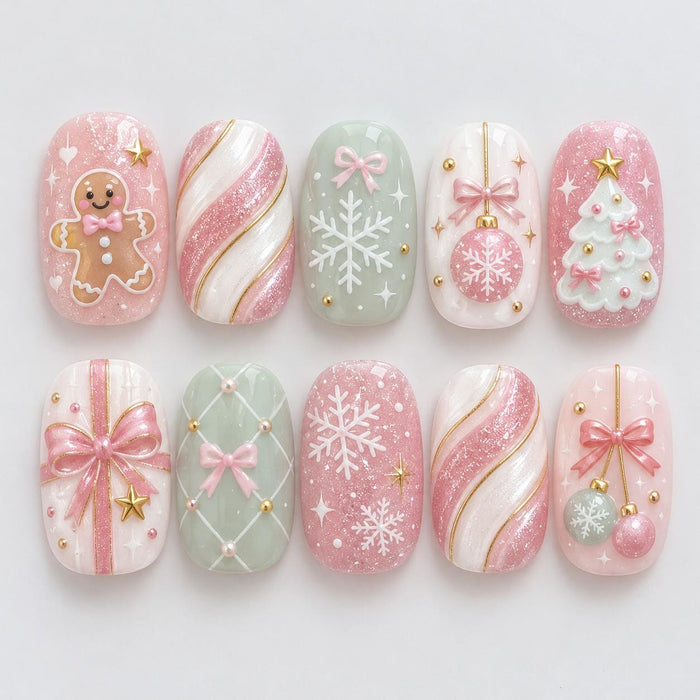 Pastel Christmas Press On Nails With Gingerbread, Snowflakes, Bows and Pink Glitter