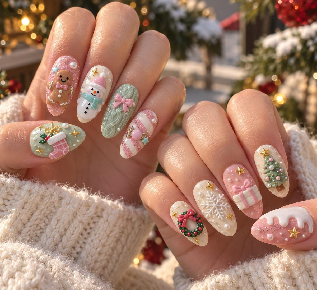 Pastel Christmas Nails with Gingerbread, Snowman, Knit, and 3D Bows