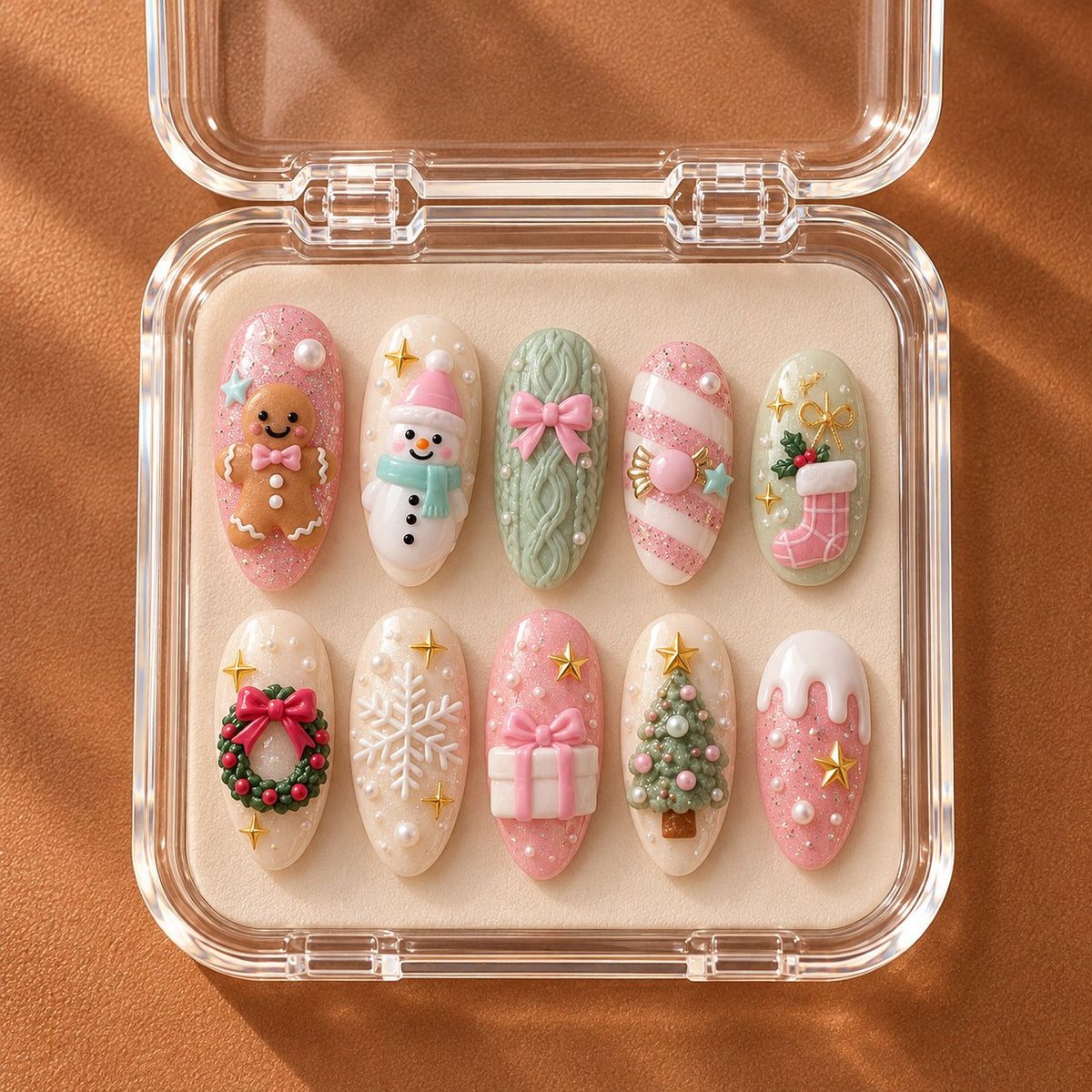 Pastel Christmas Nails with Gingerbread, Snowman, Knit, and 3D Bows in clear acrylic storage box