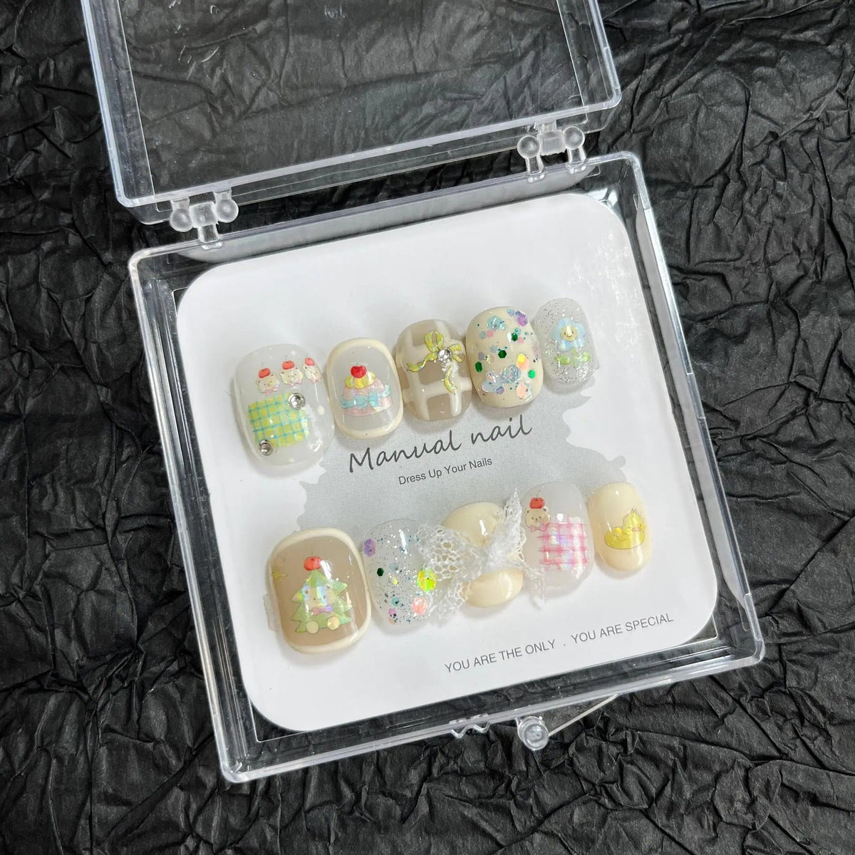 Pastel Christmas Plaid and Sprinkle Nail Set with 3D Details