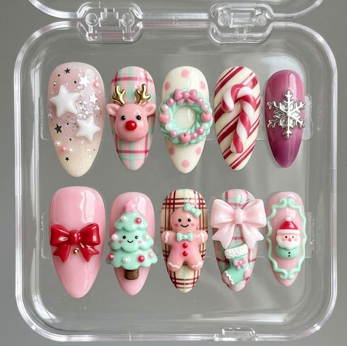 Pastel Christmas Plaid Press On Nails With 3D Holiday Charms