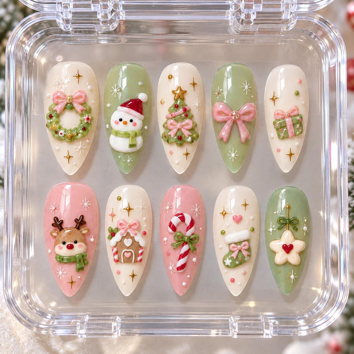 Pastel Christmas Press-On Nails With 3D Bows, Gingerbread, Snowman and Holiday Motifs
