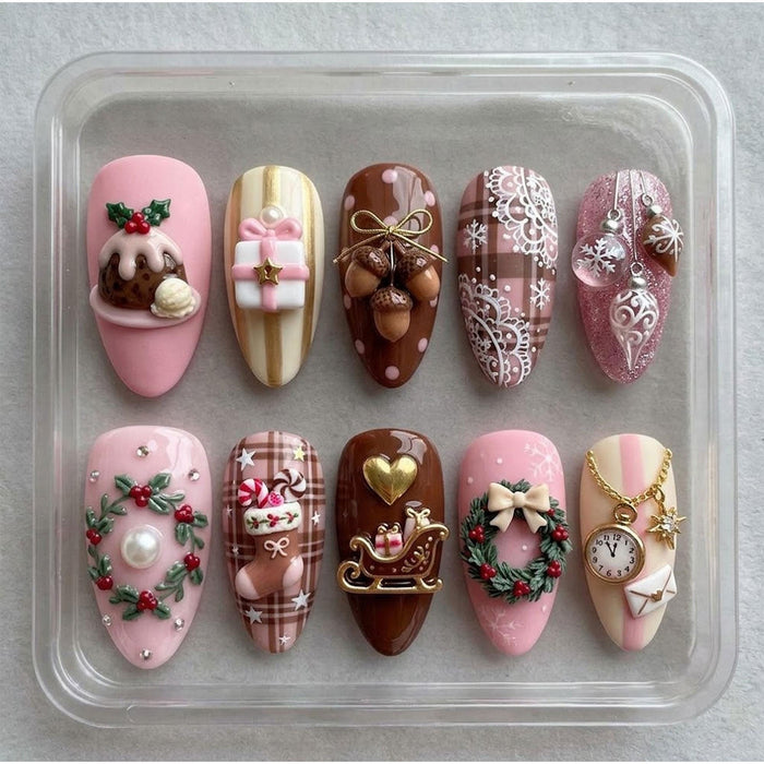 Pastel Christmas Press On Nails With 3D Pudding, Gifts, Wreaths and Plaid