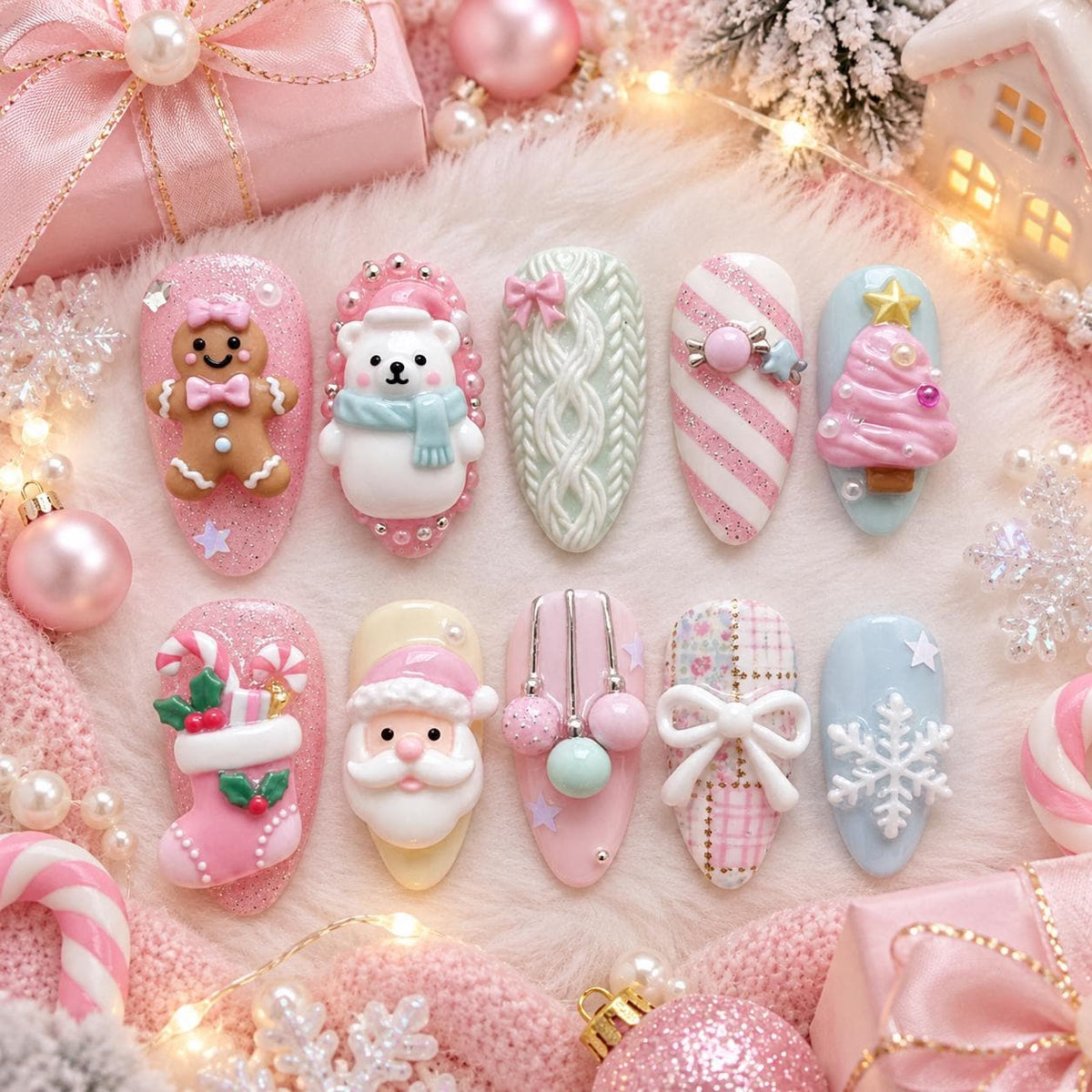 Pastel Christmas Press-On Nails with Gingerbread, Santa, Polar Bear and 3D Holiday Details
