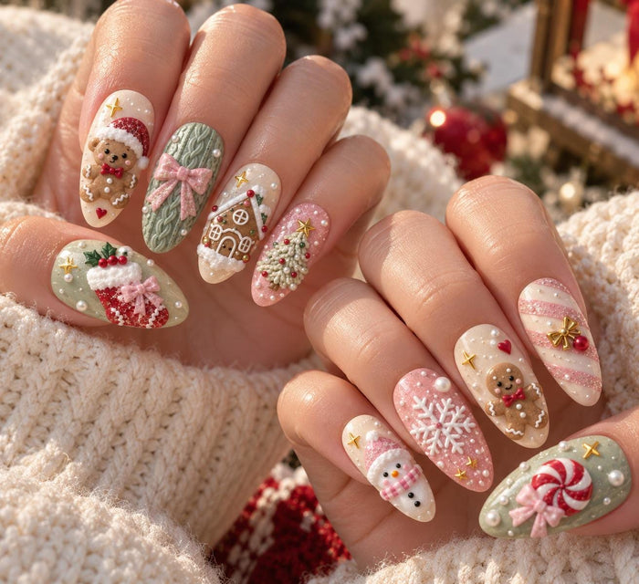 Pastel Christmas Press On Nails with Gingerbread, Snowman, Candy Cane and 3D Details