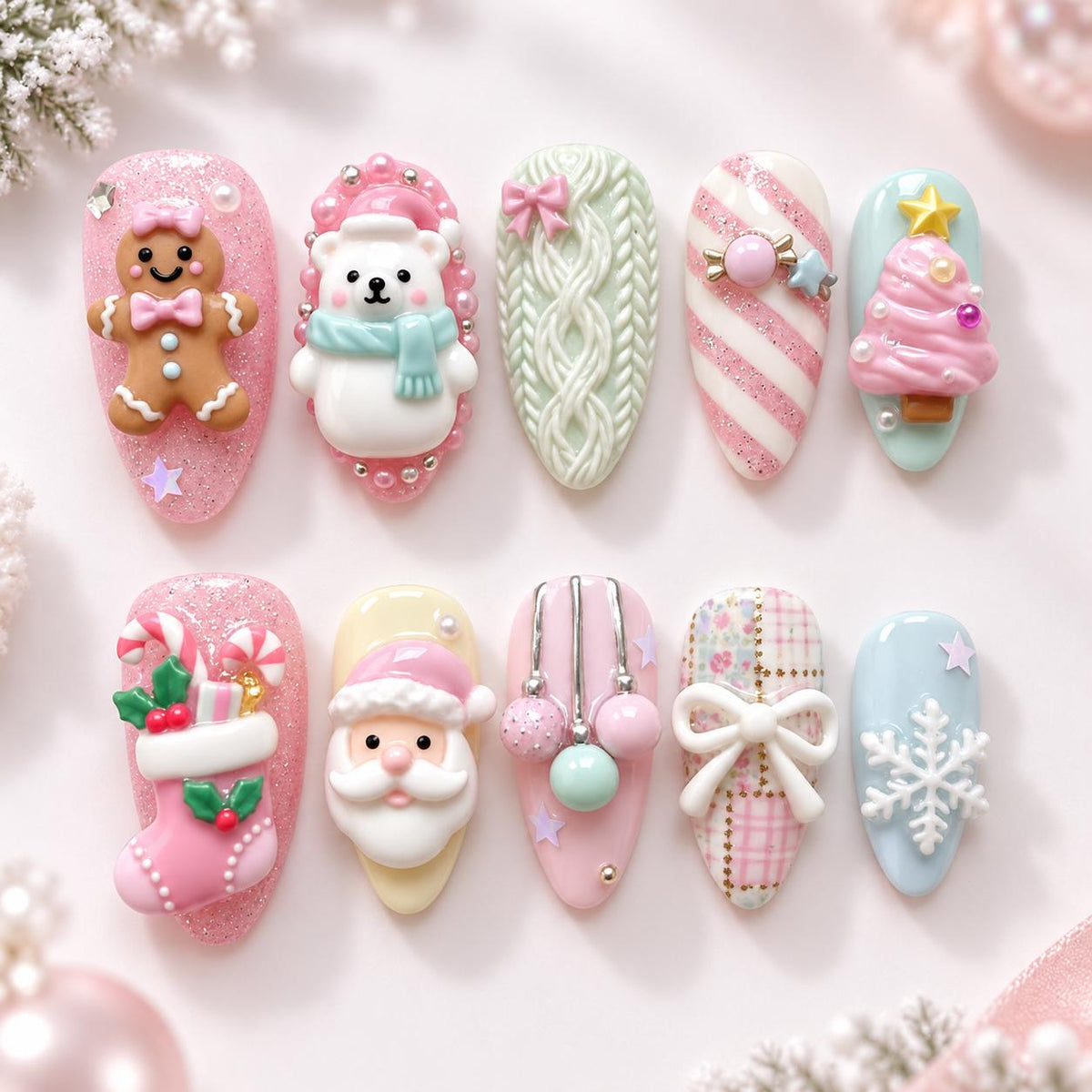 Pastel Christmas Press-On Nails with Gingerbread, Santa, Polar Bear and 3D Holiday Details