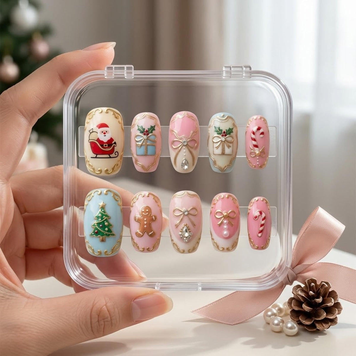 Pastel Christmas Press-On Nails With Gold Baroque Edging, Bows and Rhinestones