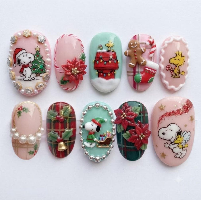 Pastel Christmas Press On Nails With Snoopy, Plaid, Gingerbread and Poinsettias