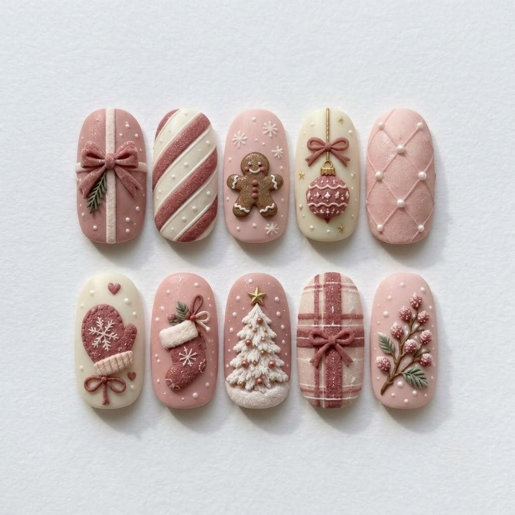 Pastel Christmas Sweater Press On Nails with Gingerbread, Candy Canes and Bows
