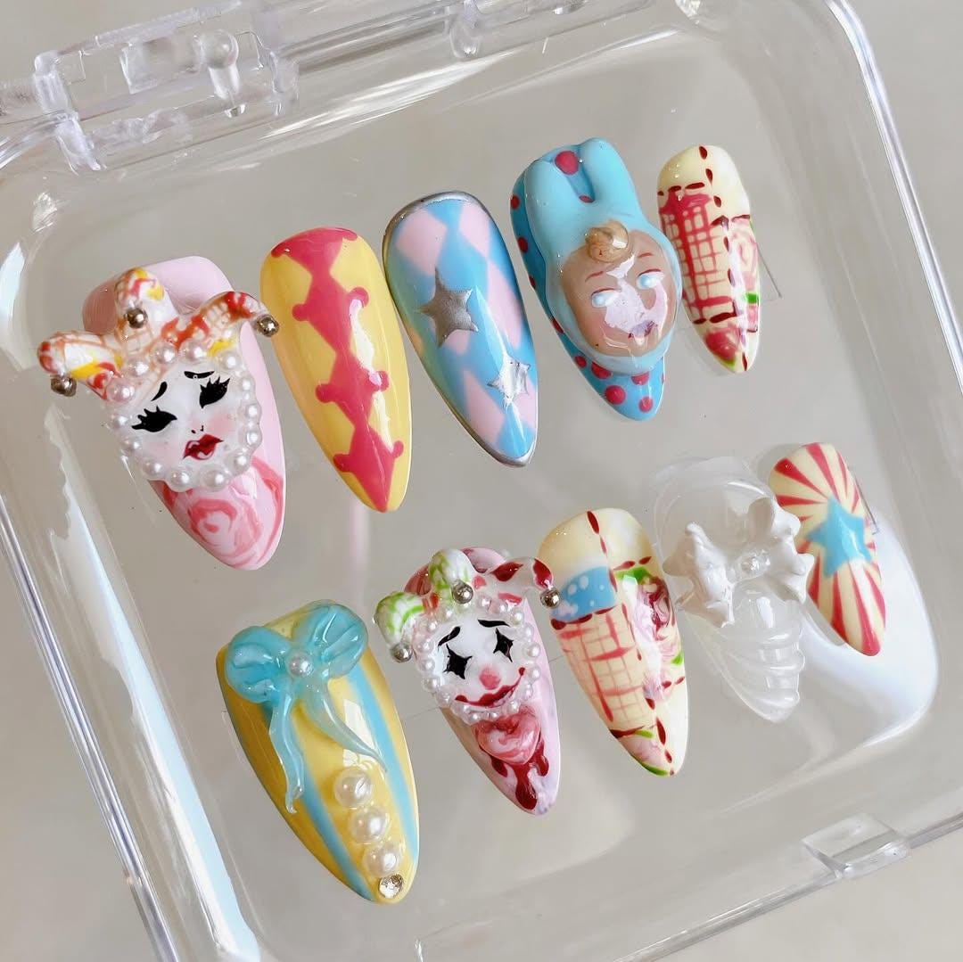 Pastel Clown Circus Press On Nails with Harlequin Diamonds, Sculpted Bows and Rhinestones