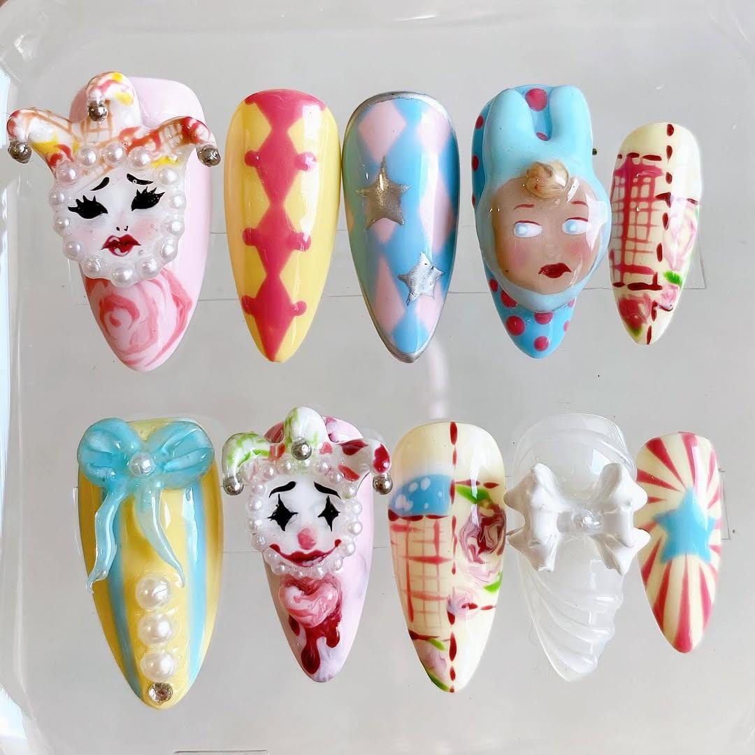 Pastel Clown Circus Press On Nails with Harlequin Diamonds, Sculpted Bows and Rhinestones
