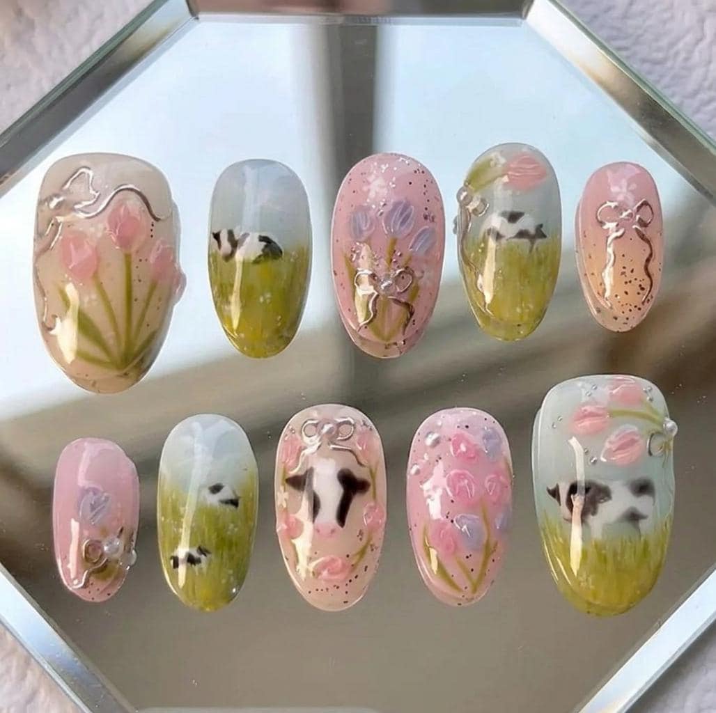 Pastel Cow and Pink Tulip Press On Nails with Raised Bows