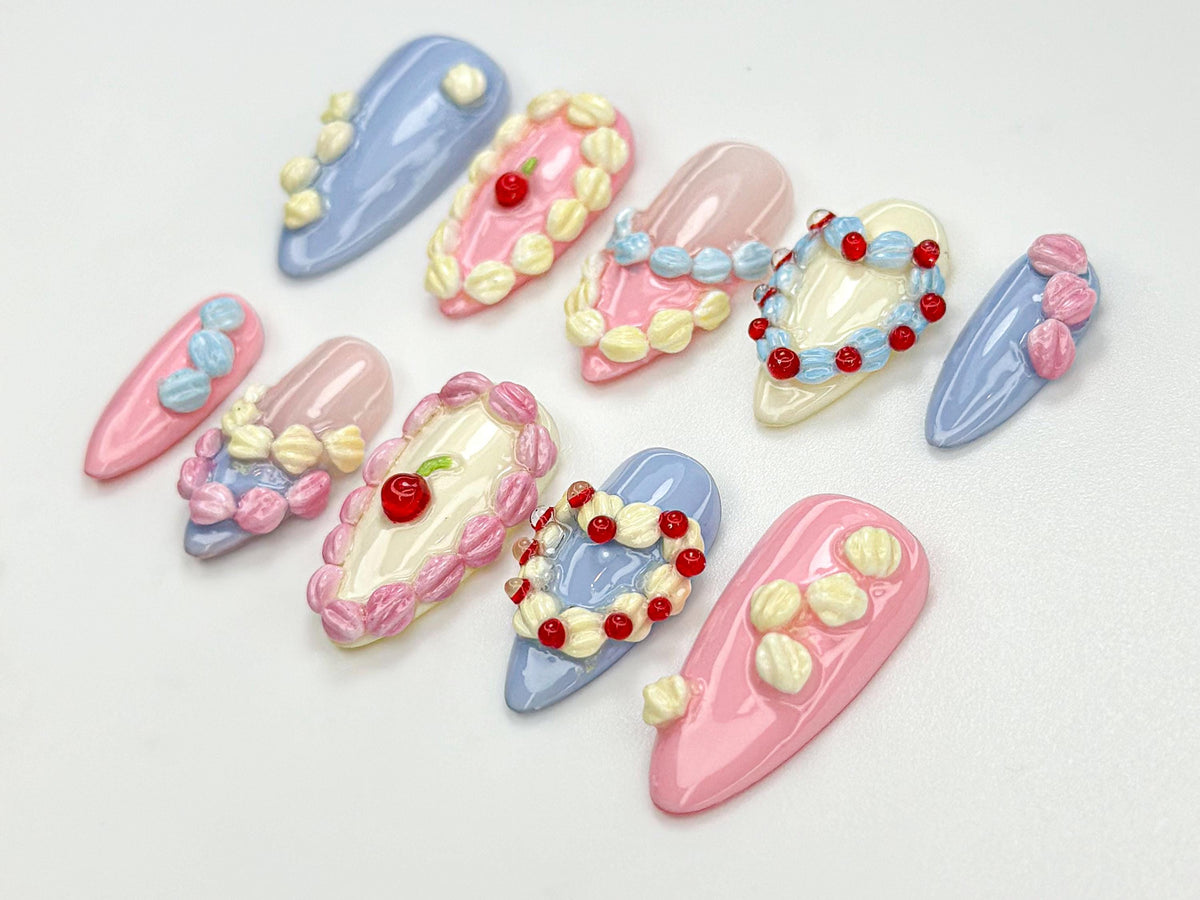 Pastel Dessert-Inspired Birthday Press On Nails With Raised Icing and Cherry Details