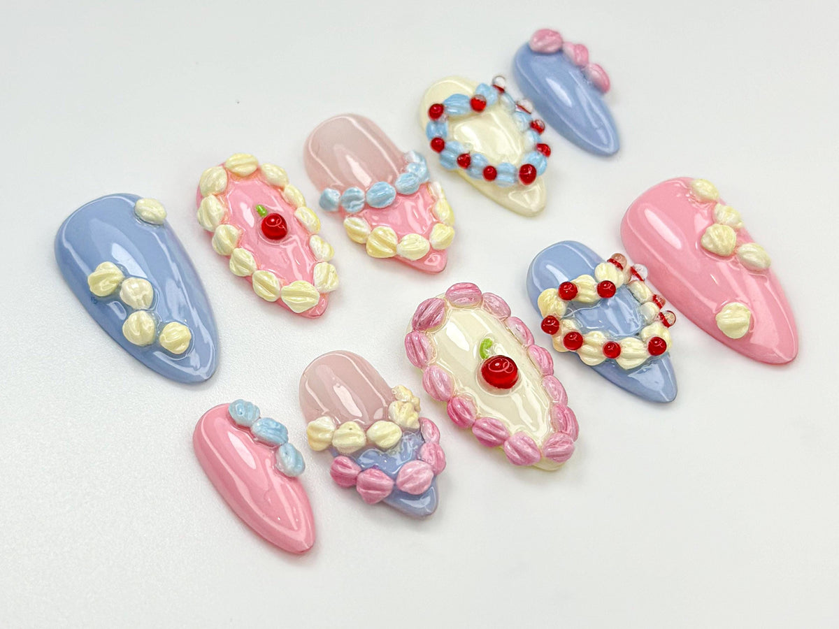 Pastel Dessert-Inspired Birthday Press On Nails With Raised Icing and Cherry Details