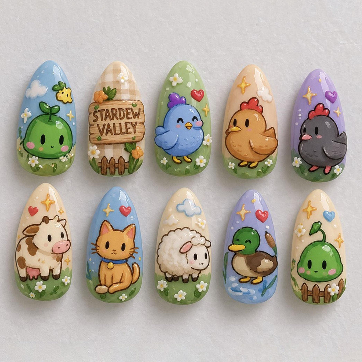 Pastel Farming Game Animal Nail Set With Flowers, Stars and Hearts
