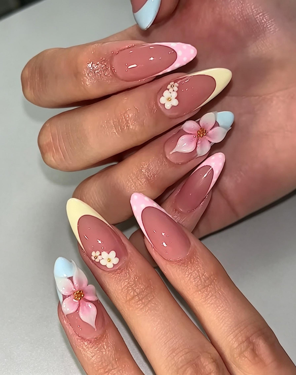 Pastel Floral French Tip Press-On Nails With 3D Flowers