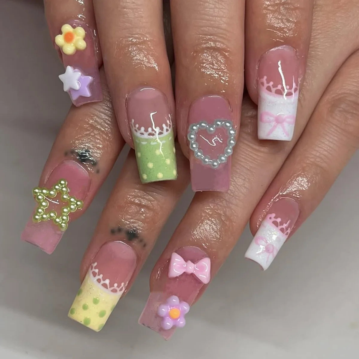 Pastel Floral French Tip Press On Nails With Bows and 3D Accents