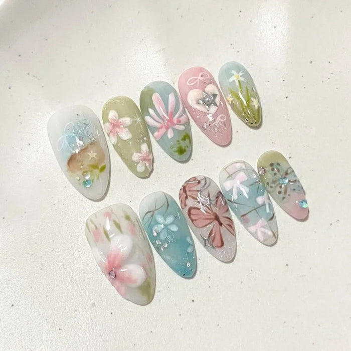 Pastel Floral Garden Press On Nail Set with Iridescent Accents