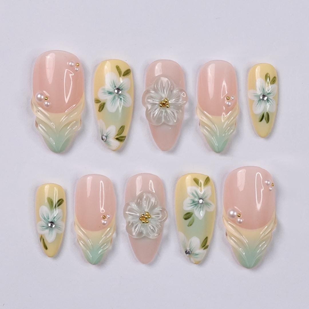 Pastel Floral Press On Nails with 3D White Flowers and Mint Tips