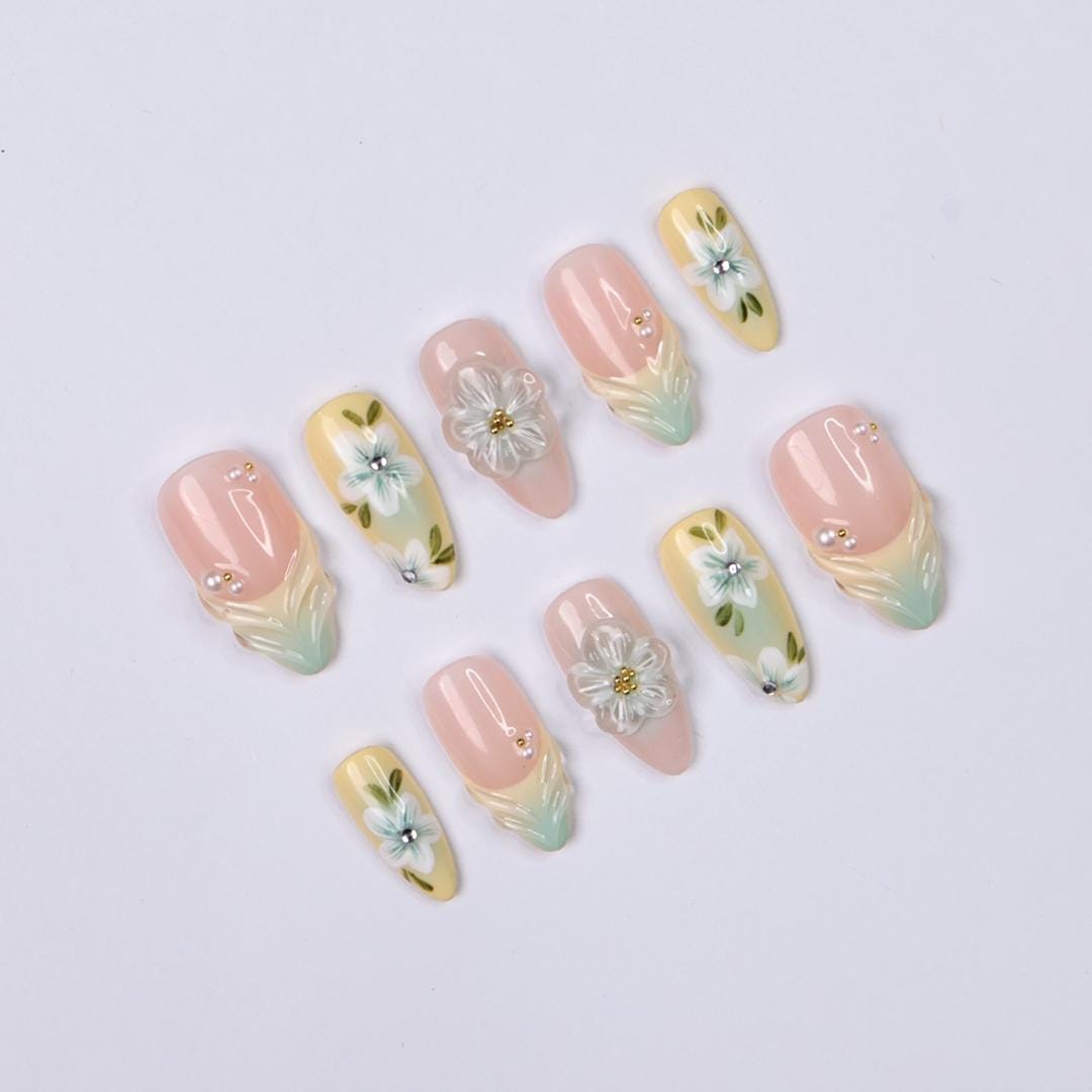 Pastel Floral Press On Nails with 3D White Flowers and Mint Tips