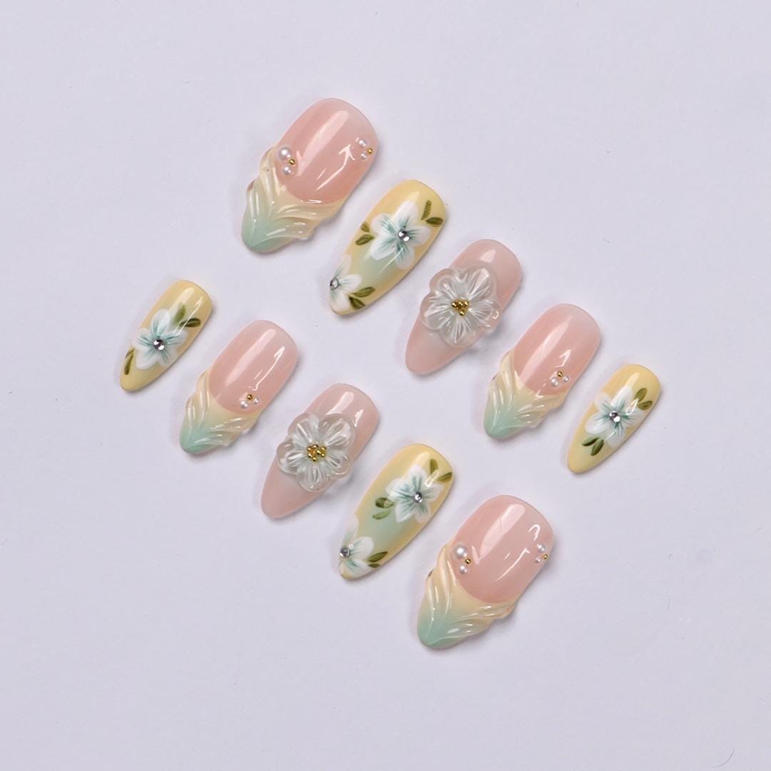 Pastel Floral Press On Nails with 3D White Flowers and Mint Tips
