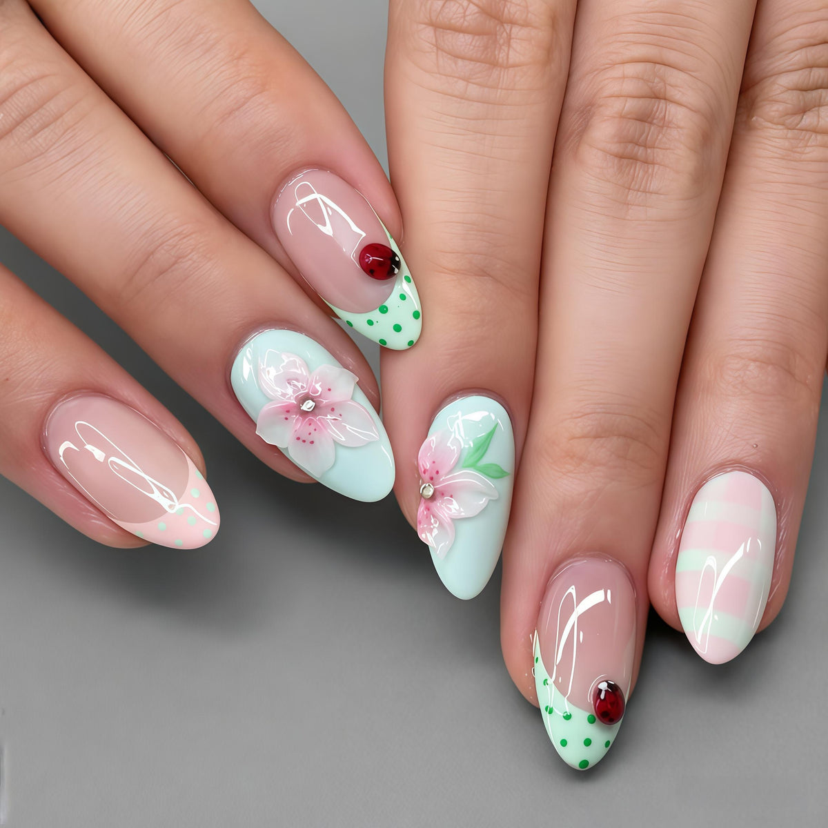 Pastel Floral Press On Nails with Ladybug Accents, Stripes and Mint Tips