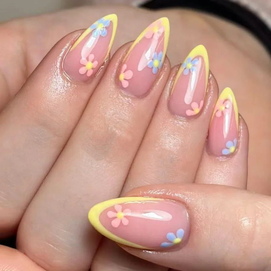Pastel Flower French Tip Press On Nails with Bright Yellow Tips