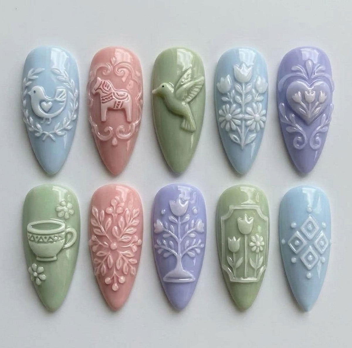 Pastel Folk Art Press-On Nails with Raised Birds, Dala Horse, Flowers, and Teacup