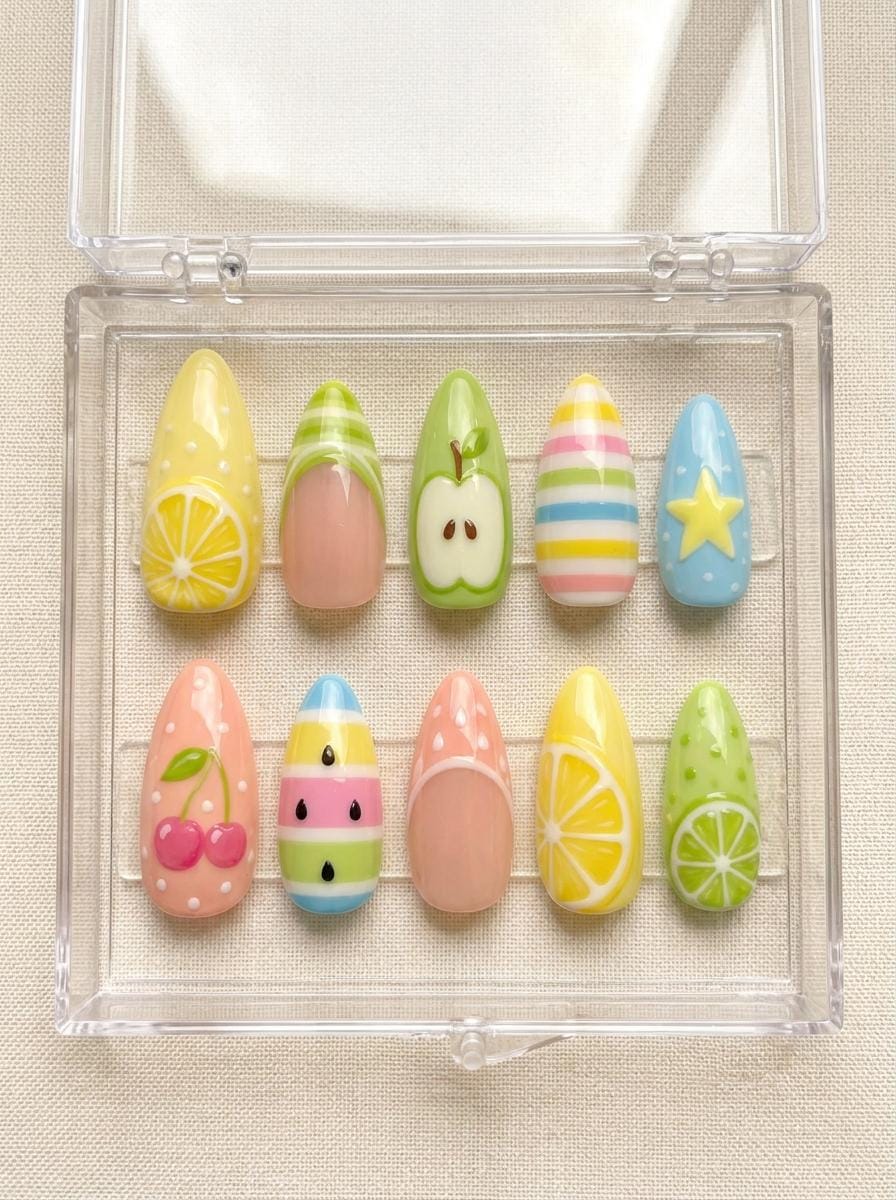 Pastel Fruit and Star Nails with Colorful Stripes and French Tips