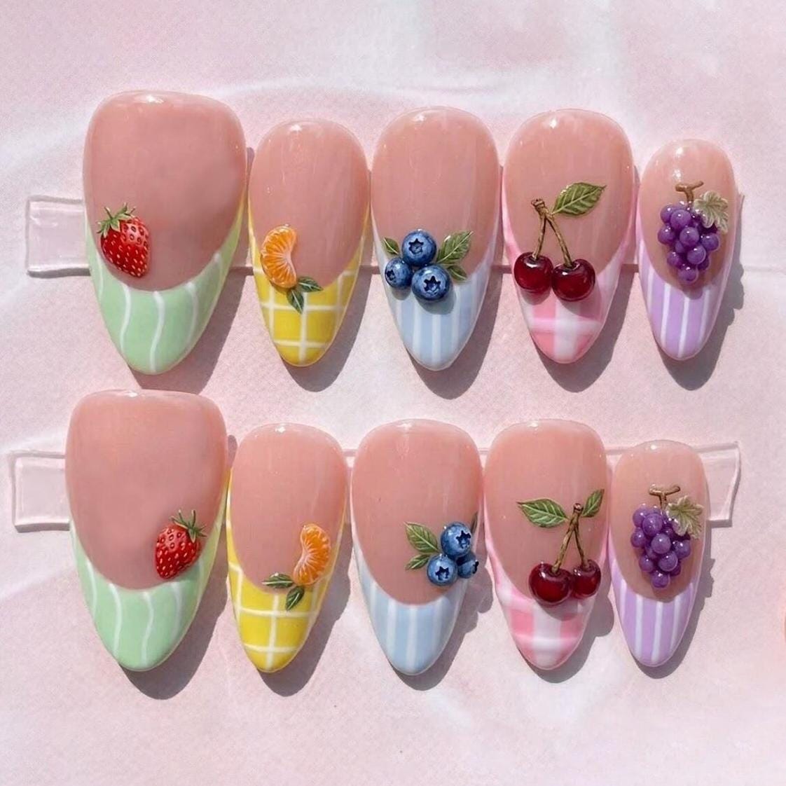Pastel Fruit Press On Nails with 3D Strawberries, Citrus, Blueberries, Cherries and Grapes