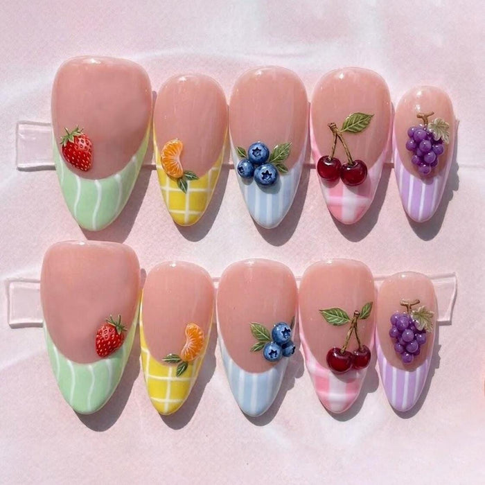Pastel Fruit Press On Nails with 3D Strawberries, Citrus, Blueberries, Cherries and Grapes