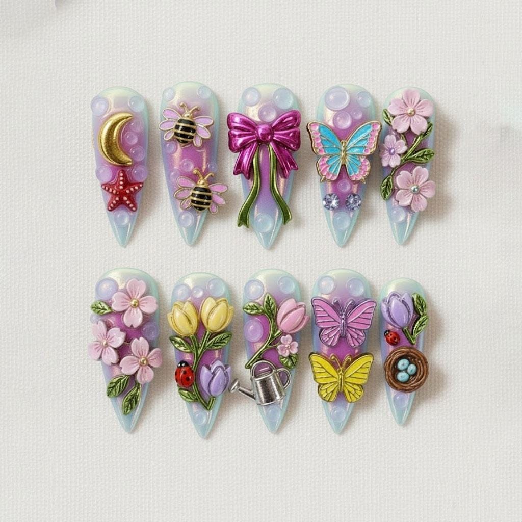 Pastel Garden Fairy Press On Nails with 3D Flowers, Butterflies, Bees and Charms