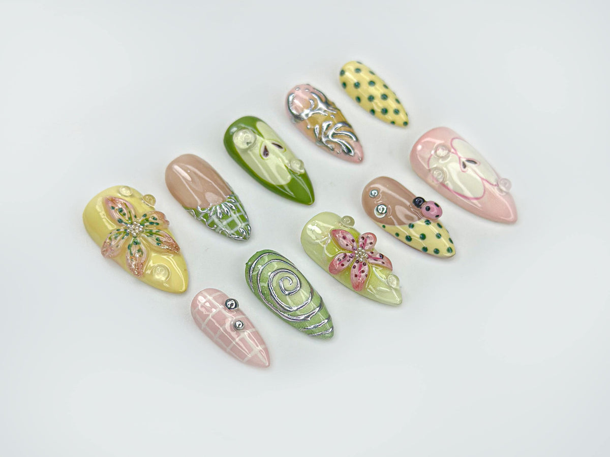 Pastel Garden Press On Nails With 3D Flowers, Ladybug Details & Rhinestones