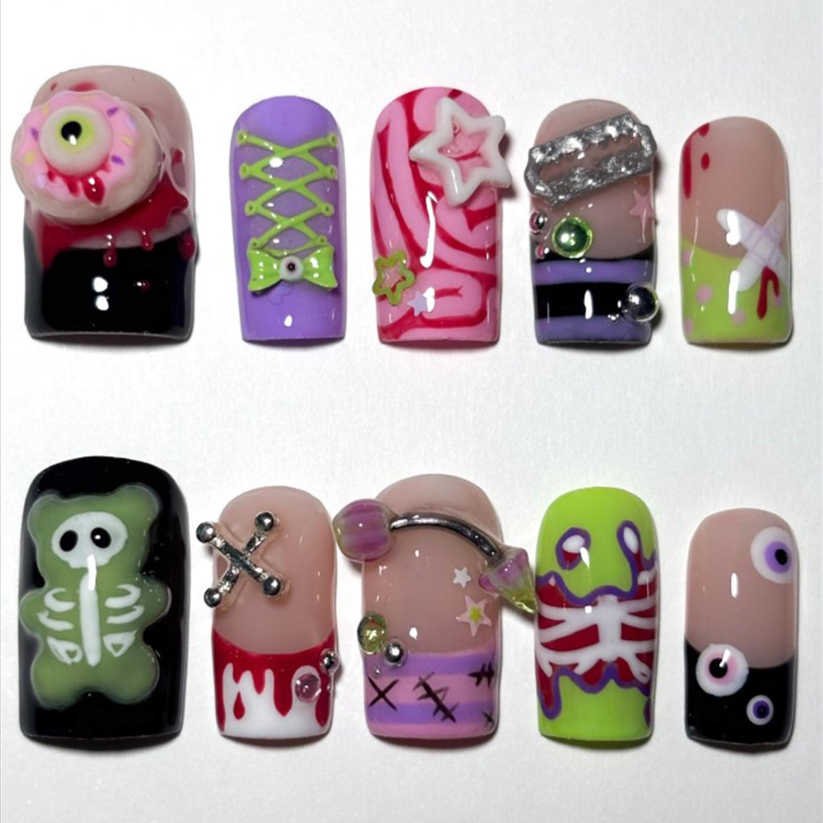 Pastel Goth Skeleton Bear & Eyeball Halloween Nail Set