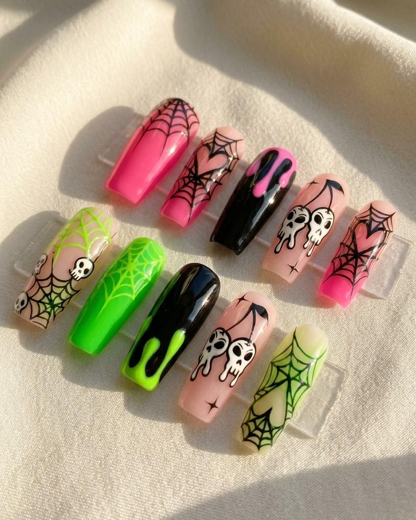 Pastel Goth Skull and Spiderweb Halloween Press On Nails