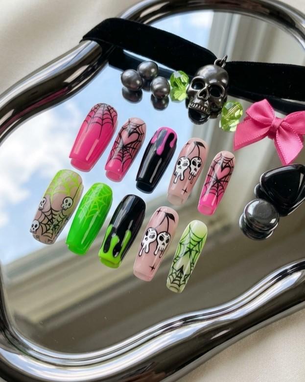 Pastel Goth Skull and Spiderweb Halloween Press On Nails