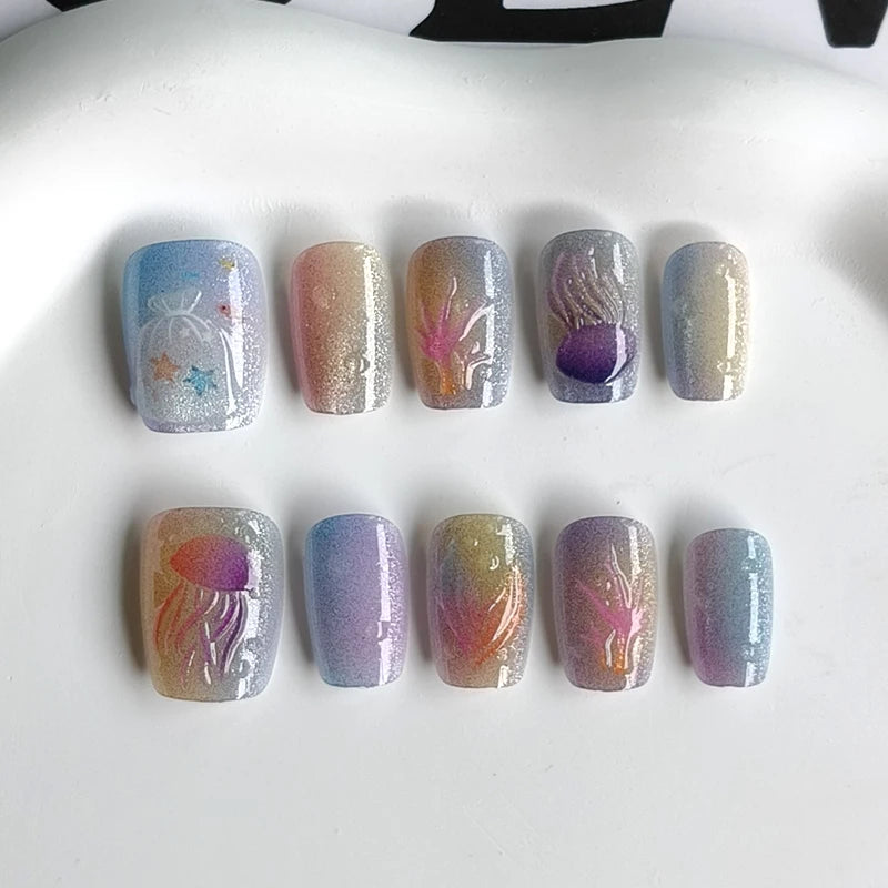 Pastel Iridescent Jellyfish Press On Nails with Star Details