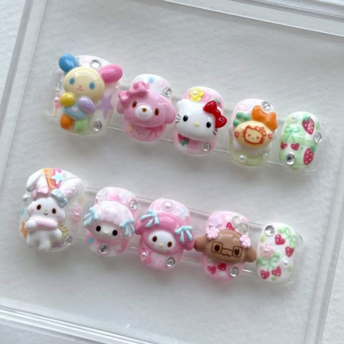 Pastel Kawaii Character and Strawberry 3D Charm Press On Nails