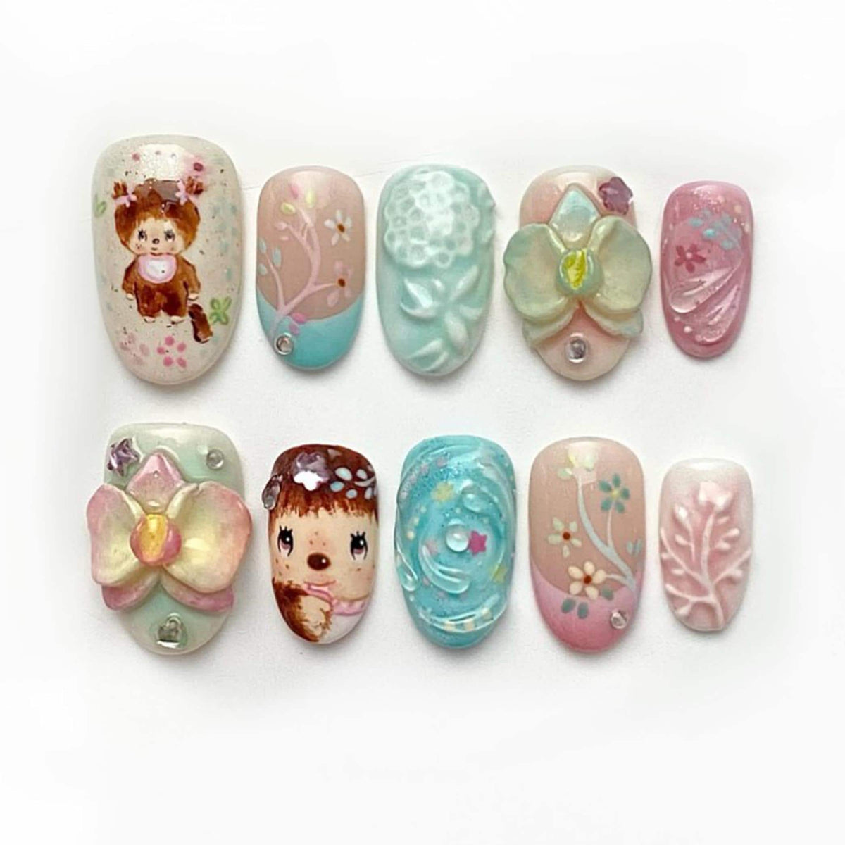 Pastel Kawaii Floral Press On Nails With Sculpted Flowers and Character Art
