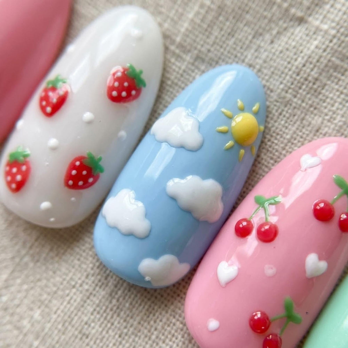 Pastel Kawaii Summer Nails With 3D Fruit, Daisies, Clouds and Beach Details