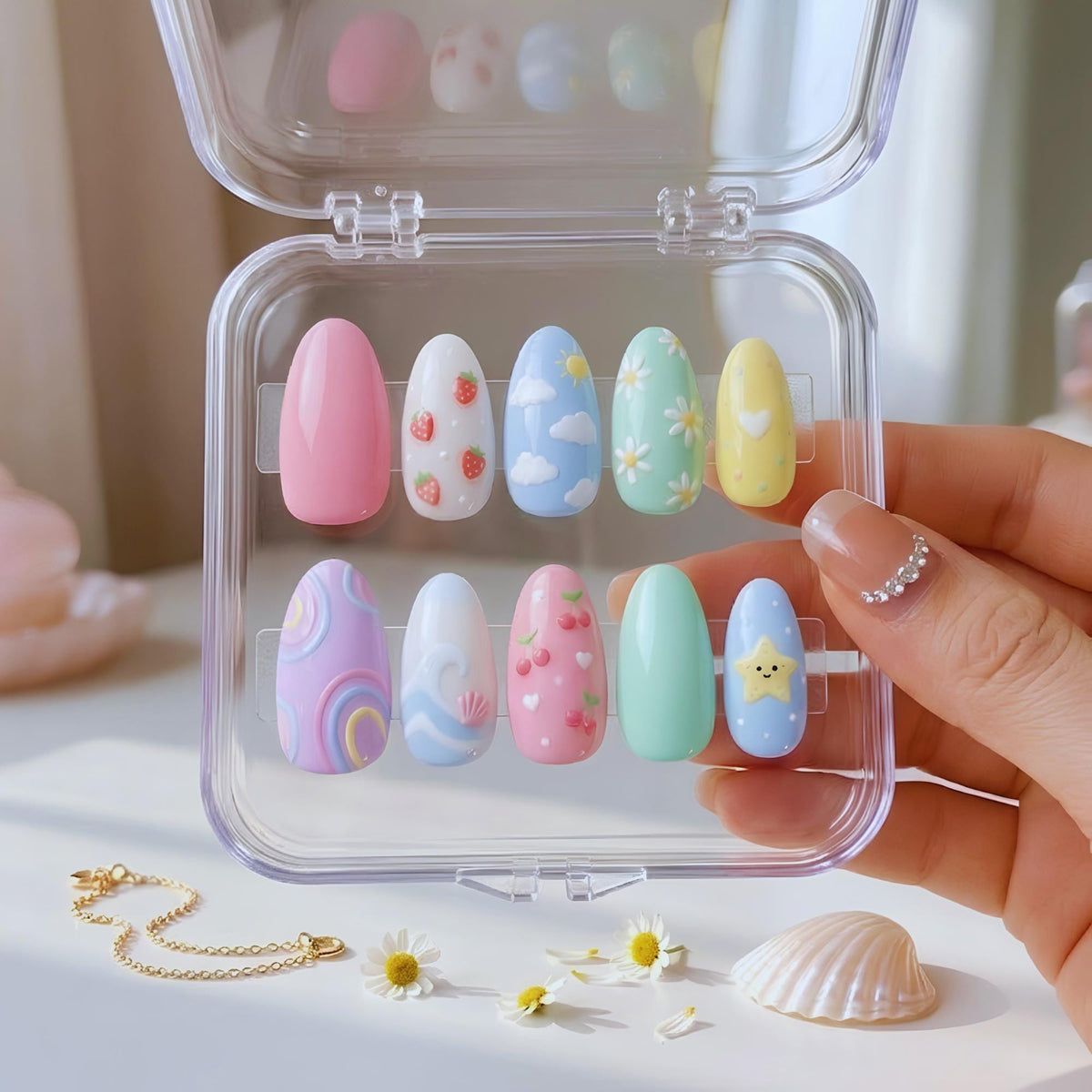 Pastel Kawaii Summer Nails With 3D Fruit, Daisies, Clouds and Beach Details